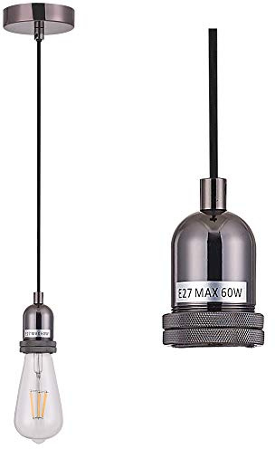 SHINY STAR Pendant Fitting Black Chrome Ceiling Light Fitting, Vintage Metal Ceiling Rose with Braided Flex Cable and Metal E27 Lamp Holder KIT Accessary HT201BNK