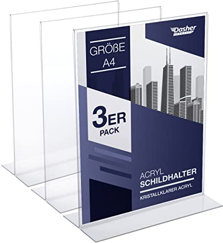 Portacartelli in Acrilico A4 - Porta Avvisi da Tavolo a Forma di T in Acrilico, Fronte-Retro, Caricamento dal Basso, Cornice per Annunci. Perfetto per Ristoranti, Promozioni, Foto, Aula (A4 - 3 Pezzi)