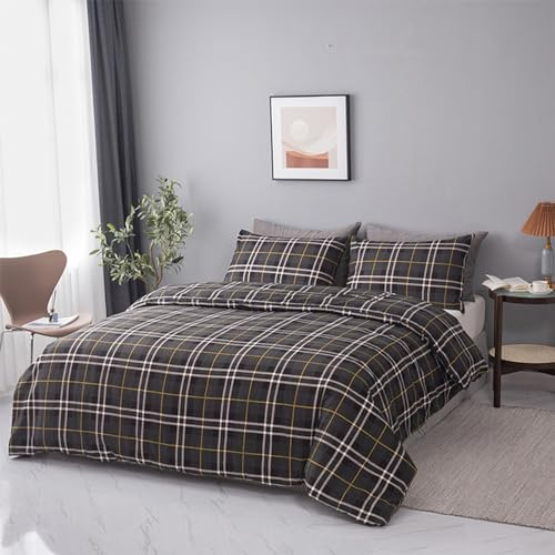 LSC Tartan Check King Size Duvet Cover Set Flannelette Brushed 100% Cotton Flannel Thermal Winter Bedding Duvet Cover Set with Matching Pillow Cases (King Duvet Cover Set, Charcoal)