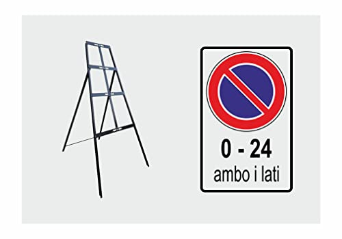 CARTELLO IN LAMIERA SCATOLATA RETTANGOLO 60X40 cm - divieto di sosta 0-24 ambo i lati - SEGNALE CATARIFRAGENTE CON CAVALLETTO (CARTELLO + CAVALLETTO)