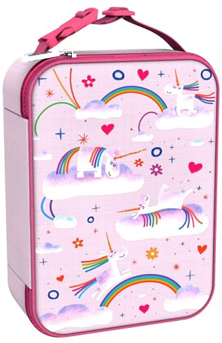 Ion8 Unicorn Rainbows Design Lunch Bag, Easy Access 3-Sided Zip, Write-On Name Patch, Freshness & Insulation for 6 Hours, Mesh Pocket for Bottles, Machine Washable, Polyester Material, Pink