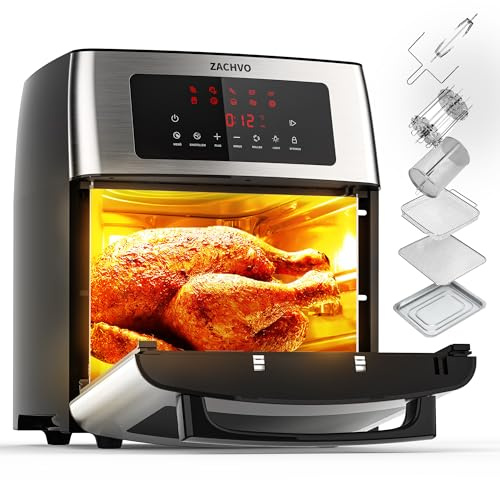 ZACHVO 15L Large Air Fryer Oven, 1700W Digital Air Fryer with Rotisserie, Touch Screen, Timer, Temperature Control up to 220℃, Convection Oven Electric Grill, 7 Accessory, Silver