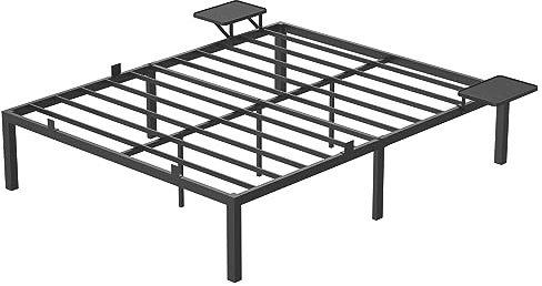 VASAGLE Marco de Cama Matrimonio, Estructura de Cama de Metal, con Estantes de Almacenamiento, Invitados, para Colchón de 160 x 200 cm, Fácil Montaje, Negro Tinta RMB095B01