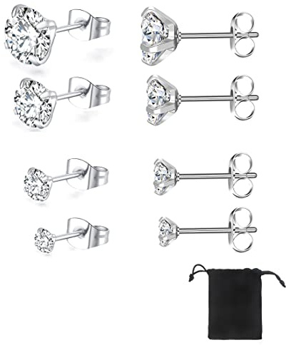 SJBAUTYO Lot de 4 paires d'oreilles en diamant et zircons, hypoallergéniques, 3/4/5/6 mm, acier inoxydable
