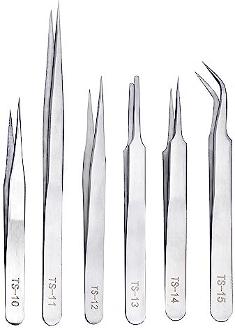6 Stainless Fine Tip Tweezers Industrial for Electronics Laboratory Work Jewelry-Making Craft, Soldering Multiple Usage