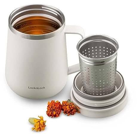 LocknLock Metro Teetasse Elfenbein 13oz/400ml, Kaffeebecher mit Tee-Infuser Sieb, Deckel und Henkel, Doppelwandiger rostfreier Edelstahl Vakuum isolierter Reisebecher