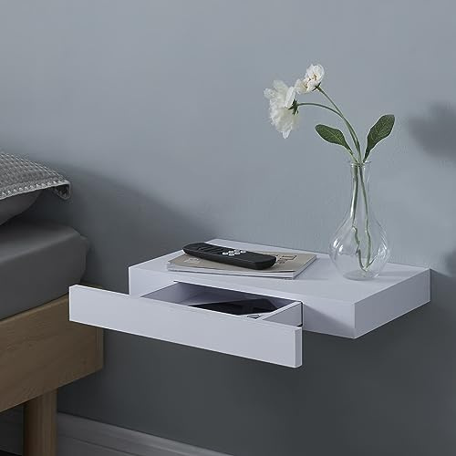 [en.casa] Étagère Murale avec Tiroir Intégré Table de Chevet Flottante Table d'Appoint pour Chambre Salon Entrée Cuisine MDF PVC 40 x 25 x 5 cm Blanc