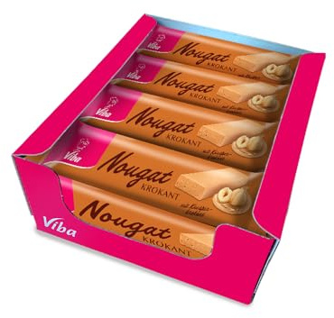 Viba Krokant Nougat Riegel 12 x 75 g Vorratspack – Haselnuss Nougat mit Krokantstücken – zartschmelzender Nougat Riegel einzeln verpackt – Süßigkeiten Großpack für Büro & Vorrat