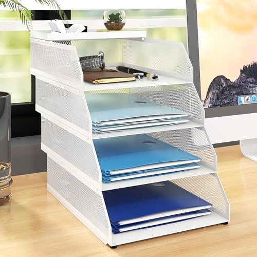 PUNCIA 4-stöckige Büro-Ablagen für den Schreibtisch, stapelbar, Metallgitter, Papieraufbewahrung, Briefablage, A4, Zeitschriftenhalter, Schreibtisch-Ordnung, Dokumente, Notizbücher, Sortierregal,