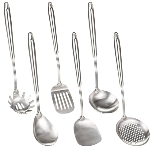 FJNATINH 6 Pieces Wok Spatula and Ladle Ladle Chinese Wok Utensil Set 304 Stainless Steel Cooking Utensils