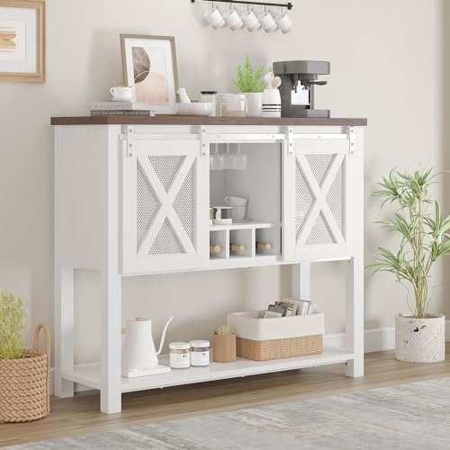 GAOMON Armoire de bar à café, buffet de ferme, buffet avec portes coulissantes, casiers à vin, étagère de rangement ouverte, pour cuisine, salle à manger, entrée, blanc