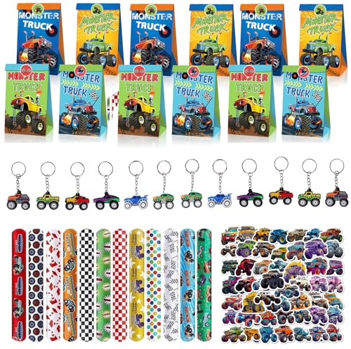 86 Stück Monster Truck Geburtstag Party Mitgebsel, Racing Car Geburtstagsdeko, 12 Slap Armband, 50 Sticker, 12 Schlüsselanhänger, 12 Geschenktüten, für Jungen Mädchen Monstertruck Party Geschenke