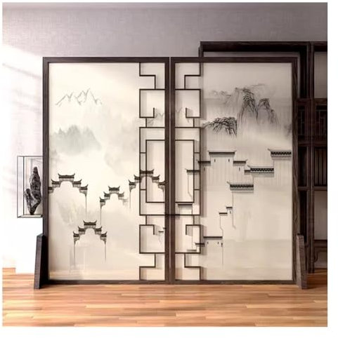 2 Panneaux De Séparation De Pièce En Bois De Style Chinois, Écran Pliant De Partition De Confidentialité D'oeuvre Indépendante Modèle Imprimé De Style Vintage Séparateur Mural Portable(Gray-A,160x180c