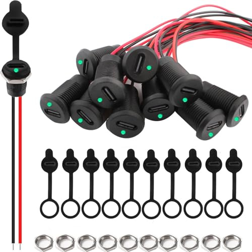 VISSQH Lot de 10 prises USB de type C 3 A à souder avec prise 2 broches, 2 fils avec lumière LED, câble femelle 24 AWG rond étanche à tête bombée