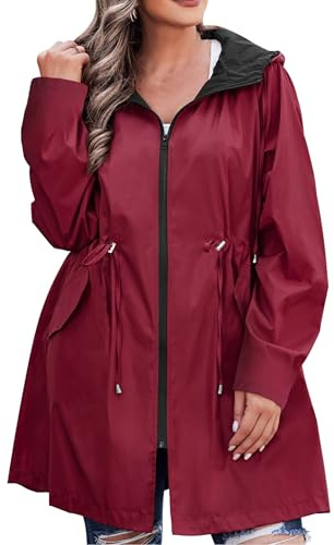 AOVDE Women's Rain Jacket Plus Size Reversible Raincoat Lightweight Windbreaker Waterproof Jackets with Hooded for Women, Wine Red, 28