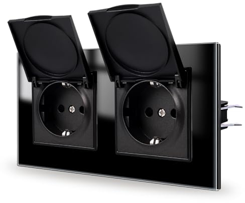 JIMEIDA Doppelsteckdose Unterputz Schwarz 16Amp Glas Steckdosen mit Wasserdichtem Deckel 157 * 86mm,250V