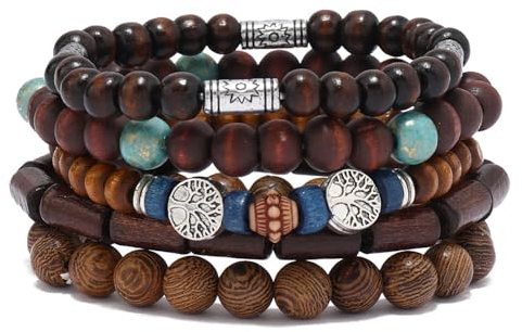 RUICHING Lot de 5 bracelets de perles bohèmes, bracelets en perles en bois, multirangs marron et bleu, accessoires hippies, cadeaux pour femmes et hommes, taille unique, Bois, Pas de gemme