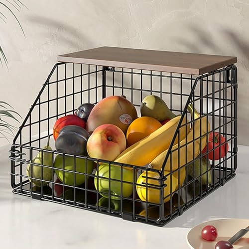 Obstkorb Hängend, Stapelbare Wandkorb Mit Glattem Holzdeckel Mit 4 Bananenhalterhaken, Zur Aufbewahrung VonGemüse, Und Snacks