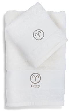 zer0bed Zodiac, Set Asciugamani Bagno Segni Zodiacali, Set di 2, Asciugamano Viso, Asciugamano Ospite-Bidet, 100% Cotone, Tinta Unita Con Ricamo, Ariete