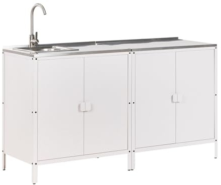 Set di cucina da esterno 2 elementi in acciaio inox bianco 2 armadietto e lavello