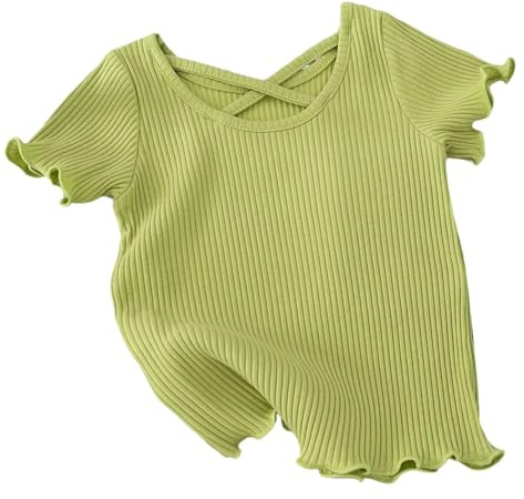 Mjjsk T-shirt à manches courtes et col rond pour fille - Uni - Volants tricotés - Confortable - Doux - Vêtements tendance pour enfants, Vert, 4-5 ans