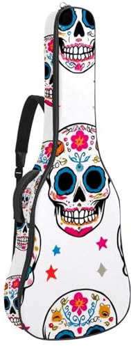 KengjuTesu 43 Zoll Akustikgitarre Softcase mit Rucksackgurt und 2 Taschen Blumen Schädel Sterne Keine Polsterung Rucksack Wasserdicht Oxford Tuch Bassgitarre Gigbag für Konzertgitarre, Mehrfarbig 1