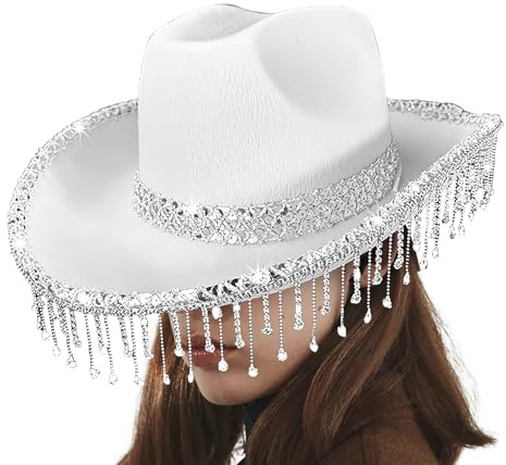 Generisch Cowboyhut Für Damen – Westernhut Mit Strass | Trendiger Cowgirl Kopfschmuck Mit Schimmernder Quaste | Kopfschmuck Mit Strassquasten Für Maskenball Musikfestival Partyies (Weiß)