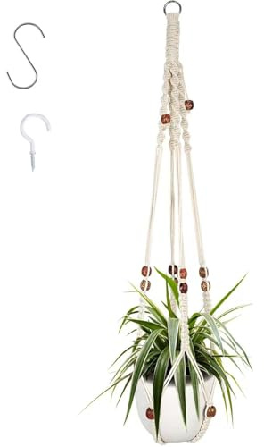 Plant Hangers Boho Decor 35.45(90CM) Hanging Planters Baskets, Macrame Plant Hangers with Wood Beads, Wall Hanging Flower Pot Holder, Cotton Rope Plant Holder for Garden, Home Decor (Beige)