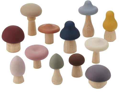 tickit SiliSoft Woodland Mushroom Set – 12 weiche Silikon- und Holzpilze für sensorisches Spiel, Motorik und fantasievolle Kleinweltabenteuer, Erde