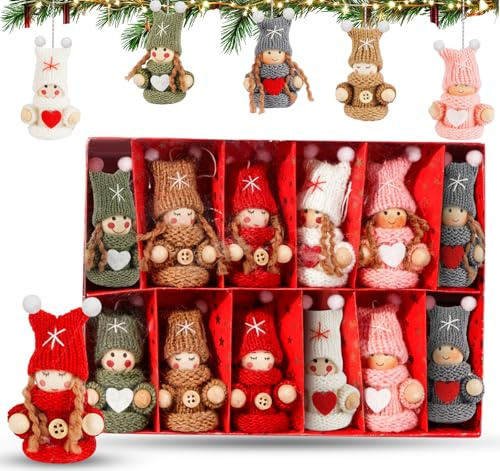 Anstore Wichtel Figuren Klein, 12 Stück Mini Weihnachtswichtel 9cm Weihnachtsgnom Weihnachtsbaum Anhänger Engel Holz Strick Weihnachtsdeko Weihnachtsfiguren Weihnachtsbaumschmuck Christbaumanhänger