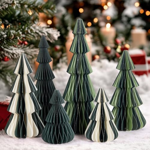 SUNBEAUTY 6 Stück weihnachtsdekoration Tischdeko matt Grün 3D Papier Weihnachtsbaum Waben Papiertannenbäume Wiederverwendbar Christmas Baumschmuck Deko für Esstisch Schrank Fensterbank Kaminsims