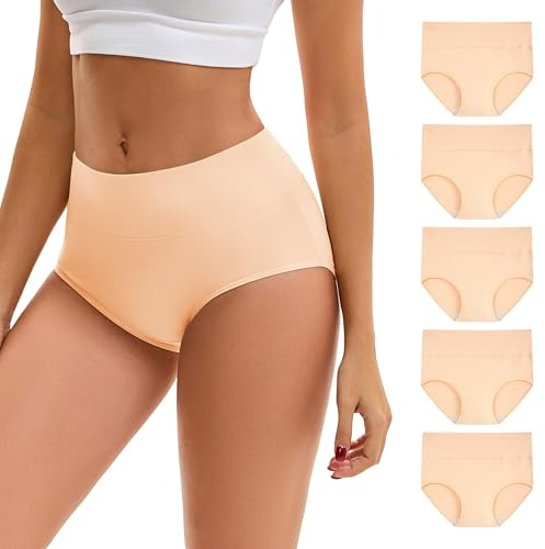 INNERSY Bragas Mujer Algodon Beige Braguitas Postparto Altas Ropa Interior Cómodo Pack de 5 (L-EU 42, 5 Beige)