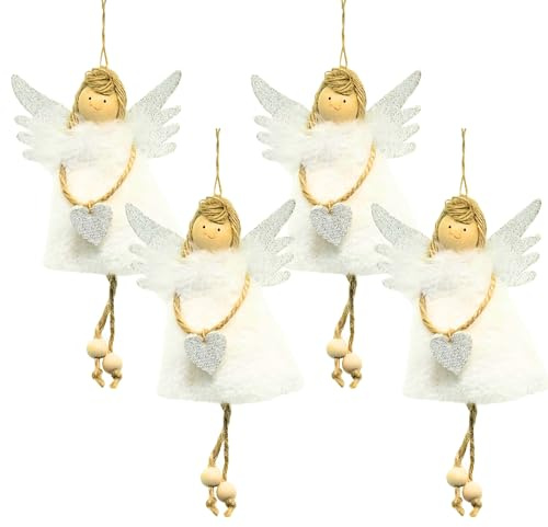BoBoU Weihnachtsschmuck Weiß Engel (4er-Set) aus Holz und Gewebe Weihnachtliche Deko Baumanhänger Puppe Weihnachtsbaumschmuck Deko Anhänger Weihnachtsdekoration