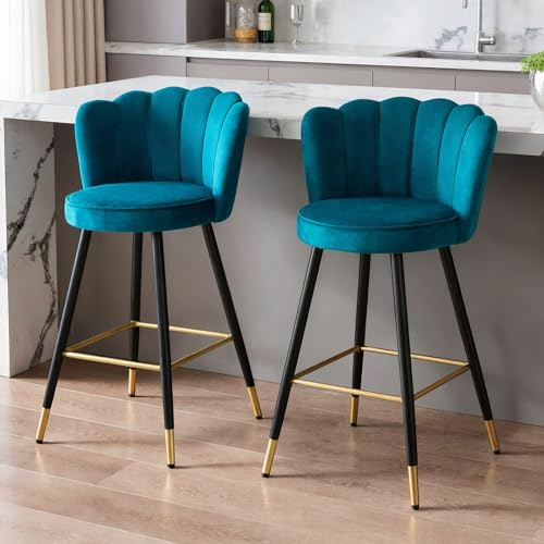 chairus Set of 2 Modern Velvet Bar Stools with Petal Backrest, Teal | Smooth Velvet Upholstered, Petal Backrest, Golden Footrest, for Kitchen Island/Home Bar/Pub