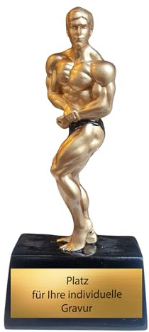 Bodybuilding Pokal 12 cm aus Resin - Fitness Trophäe mit Gravurschild | Muskulöse Posingfigur auf Sockel, ca. 100 g leicht, idealer Award für Kraftsport Wettkämpfe, Gyms und Sportvereine.
