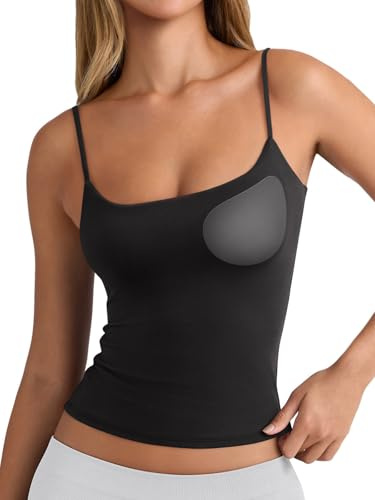 PINKMSTYLE Tank Tops for Women Built in Bra Basic Double Lined Summer Spaghetti Strap Sleeveless Camisole Top Workout Shirts Black Small
