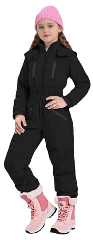 LOSVIP Combinaison de neige pour enfant avec capuche pour garçon et fille, combinaison thermique d’hiver avec doublure matelassée, combinaison de ski avec poche zippée, Noir , 9-10 ans
