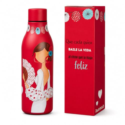 illustrArte Botella Térmica Flamenca Pepa Feliz 500 ml sin BPA | Botella térmica flamenca 500 ml de acero inoxidable sin BPA; regalo para clase, trabajo o viaje.