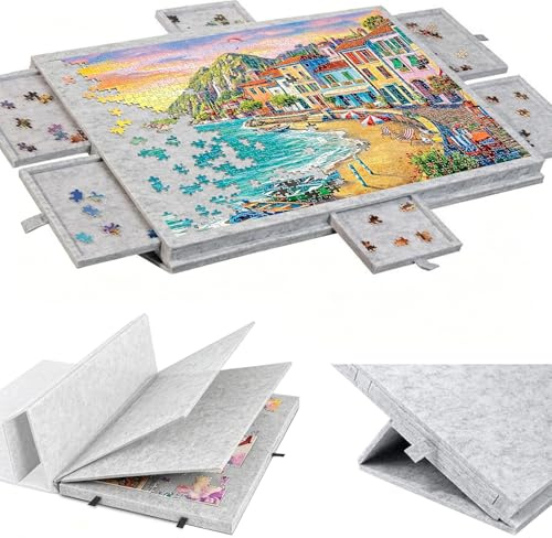Lutande pusselbord ljusgrå, bärbar pusselbräda med 6 lådor, pusselbräda med 2-i-1-stativ och lock, superlätt filt, pusselbord, jigsaw, pusseltillbehör för upp till 1 000 bitar