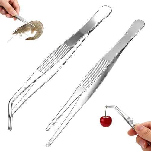 2 Pièces 20cm Pince Cuisine,Professionnel Pince du Chef,Pince Brucelle,pinces en acier inoxydable 20cm longues droites/incurvées,Pincette Culinaire de precision pour Viande Barbecue Décoration.