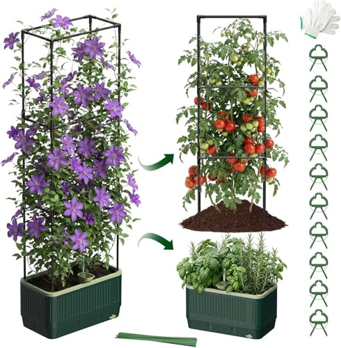 MQJIAZHI Selbstbewässernder Tomatentopf mit Rankhilfe, 130cm Pflanzkübel mit Rankgitter, Garten Spalier mit Pflanzkasten, Hochbeet für Kletterpflanzen, Gemüse Kübel für Outdoor, Balkon und Garten