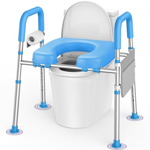 KEKOY Elevador WC Adultos con Reposabrazos, 7 Alturas y 3 Anchos Ajustables | Alzador WC adulto con patas en forma de A antivuelco, montaje sin herramientas, compatible con la mayoría de WC, Azul