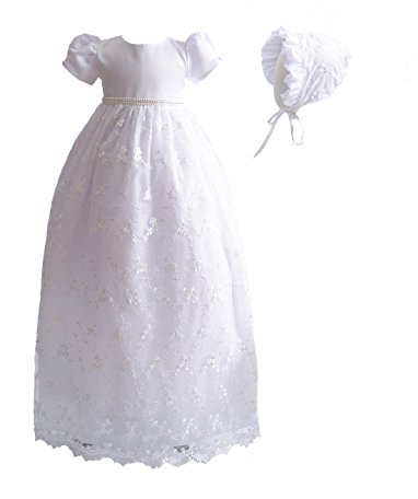 Cinda Baby Girls Lace Long Christening Gown with Bonnet White 0-3 Months