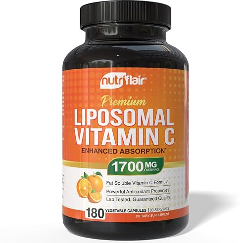 NutriFlair Liposomal Vitamin C 1700mg, 180 Capsules - High Absorption, Fat Soluble VIT C, Higher Bioavailability Immune System Support & Collagen Booster, Non-GMO, Vegan Pills
