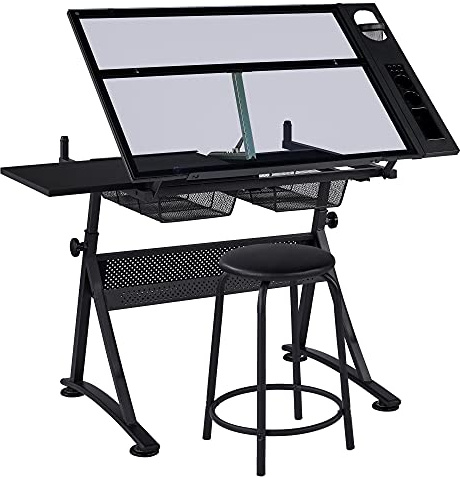 Yaheetech Drafting Table Tempered Glass Top with Storage Drawers Black