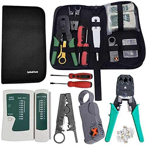 UK-TECH Multipurpose Tool Kit Case -Crimping Cutter Tool with Stripper –Screwdrivers -Stripping & Punch Down Tool -Cable Tester -Plug Network RJ45 Connectors – All in One Networking Apparatus, Gold