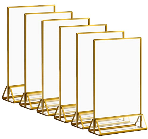 Acrylgoldschildhalter 13x18cm, 5x7 Clear Bilderrahmen mit goldenen Rändern und vertikaler Ständer, doppelseitiger Tischmenü Display Ständer für Restaurantschilder, Hochzeitstischnummern, 6 Stück