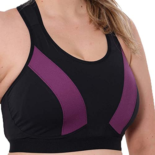 Gemm Ladies Black & Purple Multiway Crossover Sports Bra up to Plus Sizes for Women High Impact No Bounce Non Wired Large Busts Gym Exercise Yoga Running Athletic Workout Sportswear