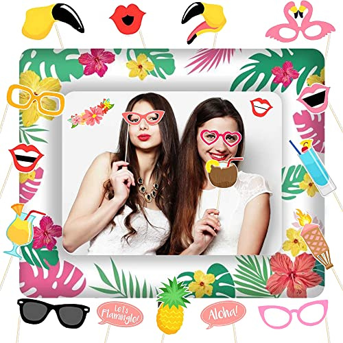 KKSJK Hawaii Uppblåsbar bildram med 21 st fotorekvisita, flamingo, foto, färgglada sommarfotolådetillbehör, selfieram för sommarfest