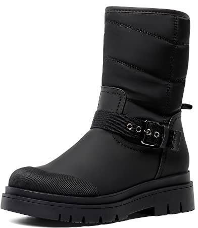 DREAM PAIRS Damen Schneestiefel | Glattes PU Dicke Sohle mit Riemchenbesatz am RistOlivgrün